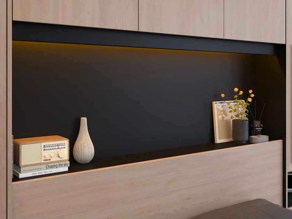Łóżko ze schowkiem 160 x 200 cm - Z diodami LED - Kolory: naturalny i czarny + Stelaż + Materac - VELONA