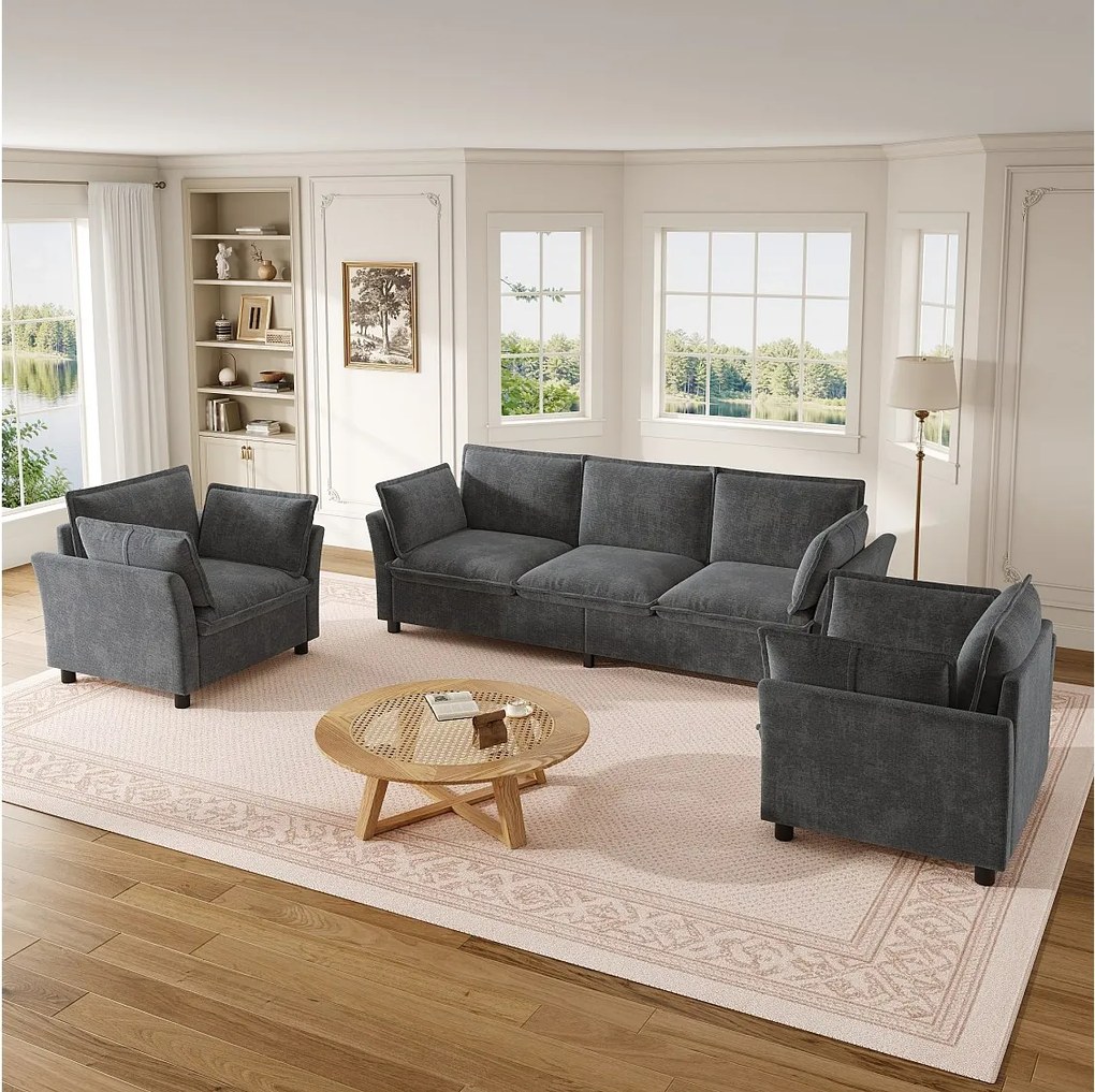 Modułowy zestaw wypoczynkowy 3-osobowy + 2 fotele z poduszkami - Chenille - 220 x 87 x 81 cm - Szary