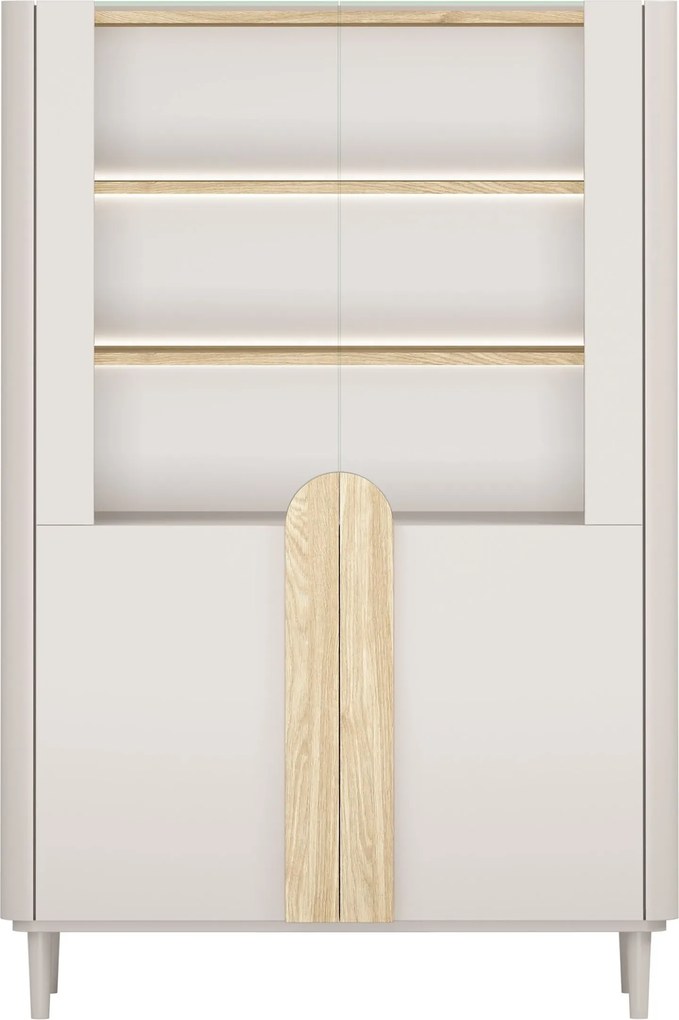 Witryna Amilio 100 cm dwudrzwiowa na nóżkach - kaszmir / dąb olejowany / uchwyty dąb jasny