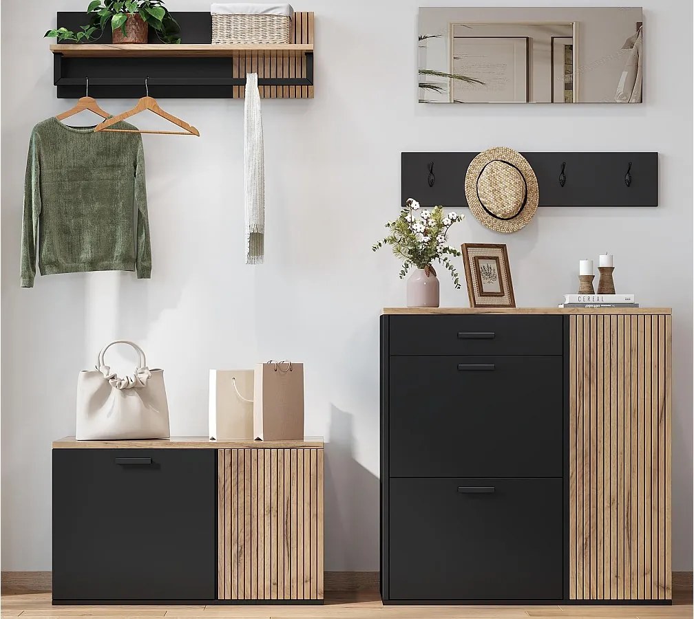 Zestaw wieszakowy do przedpokoju - 2 szafy na buty - wieszak na ubrania i 4 haki - Lustro - Naturalny + Czarny
