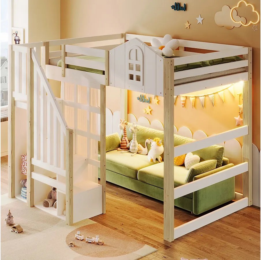 Łóżko piętrowe 140x200 cm - Łóżko młodzieżowe z oświetleniem LED, półkami i drabinką - sosna - białe i naturalne - materac nie jest wliczony w cenę