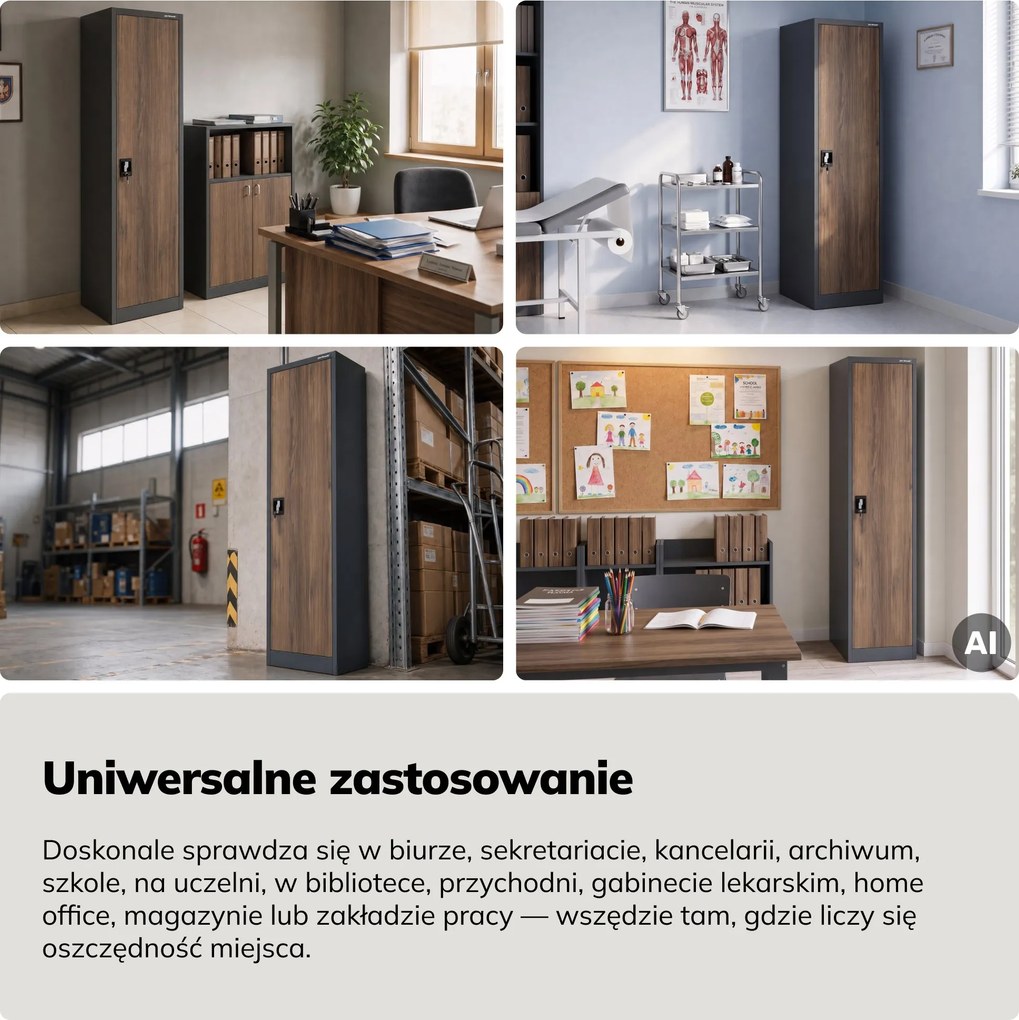 Szafa biurowa metalowa na akta antracytowa/orzech, 450x1850x400 mm: ALEX Eco Design