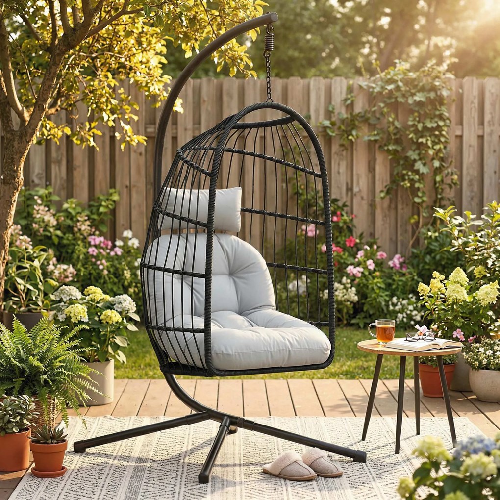 Outsunny Fotel wiszący z ramą, składany, kosz z Polyrattanu z poduszkami, pas bezpieczeństwa, podgłówek, paski, regulowana wysokość | Aosom PL