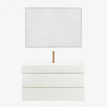 Zestaw Wiszących Mebli Łazienkowych Z Drewna I Forniru Jesionowego Zintegrowany Z Umywalką Ona Biała & Prostokątna - Sklum