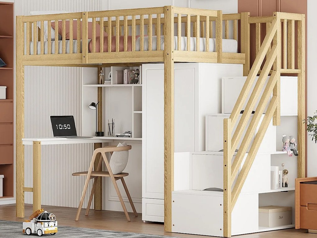 Łóżko na antresoli 90x200 cm - z szafą i biurkiem - drewniana rama łóżka - Biały i Naturalny