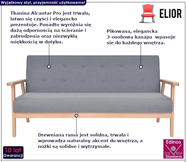 Jasnoszara sofa z pikowanym oparciem - Sybis