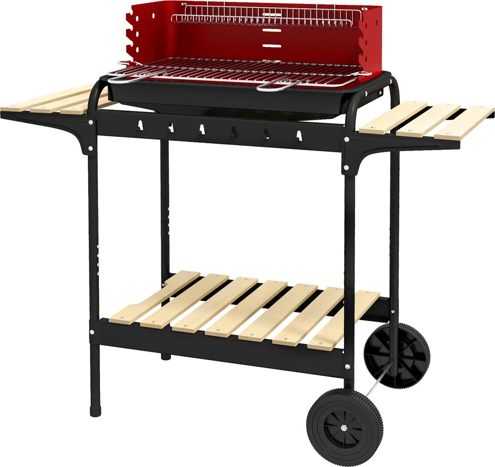 Outsunny Grill węglowy z metalu BBQ Smoker na kółkach, ruszt regulowany na wysokość, drewniana półka 103x47x95 cm Czerwony