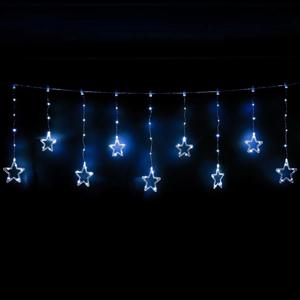 Kurtyna świetlna zewnętrzna Stars, 200 x 60 cm, LED, biała, timer, 8 funkcji, na baterie, 200 cm