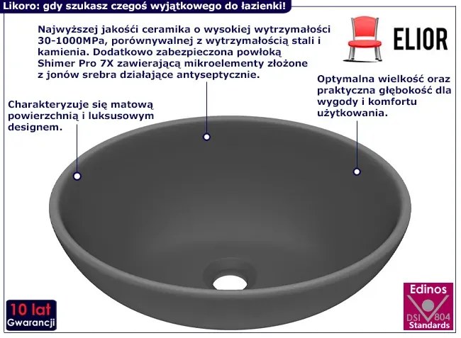 Ceramiczna umywalka nablatowa ciemnoszary mat - Likoro