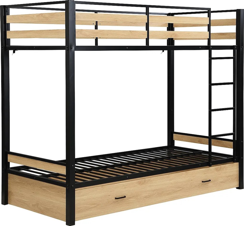 Łóżko piętrowe 2 x 90 x 190 cm - 1 szuflada - Metal i MDF - Kolor: Naturalny i czarny - CASIDIA