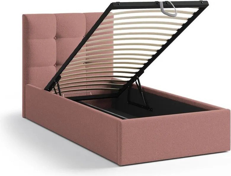 Różowe tapicerowane łóżko jednoosobowe ze schowkiem i stelażem 90x200 cm Phaedra – Micadoni