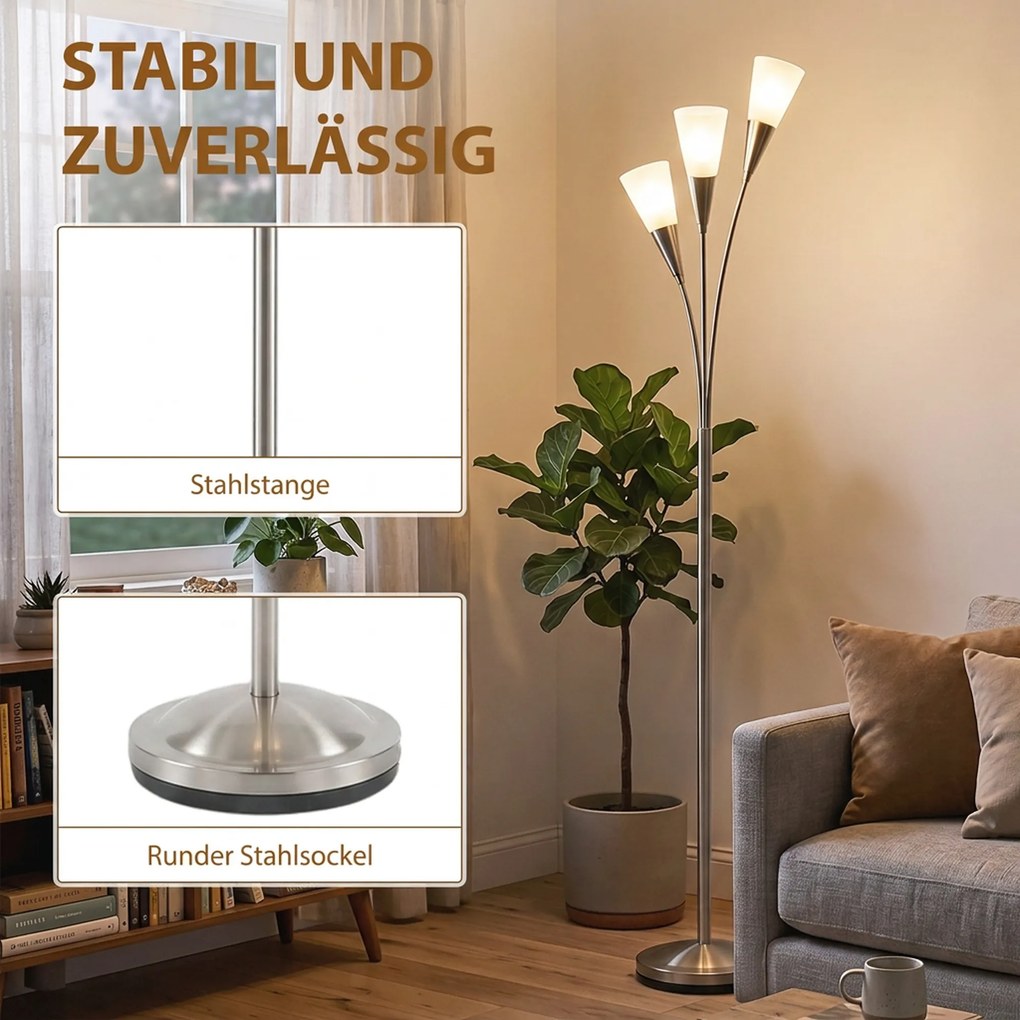 HOMCOM Lampa stojąca do salonu 40 W z włącznikiem nożnym, 3 x oprawka E14 do sypialni, biura, bez żarówek, srebrna | Aosom PL