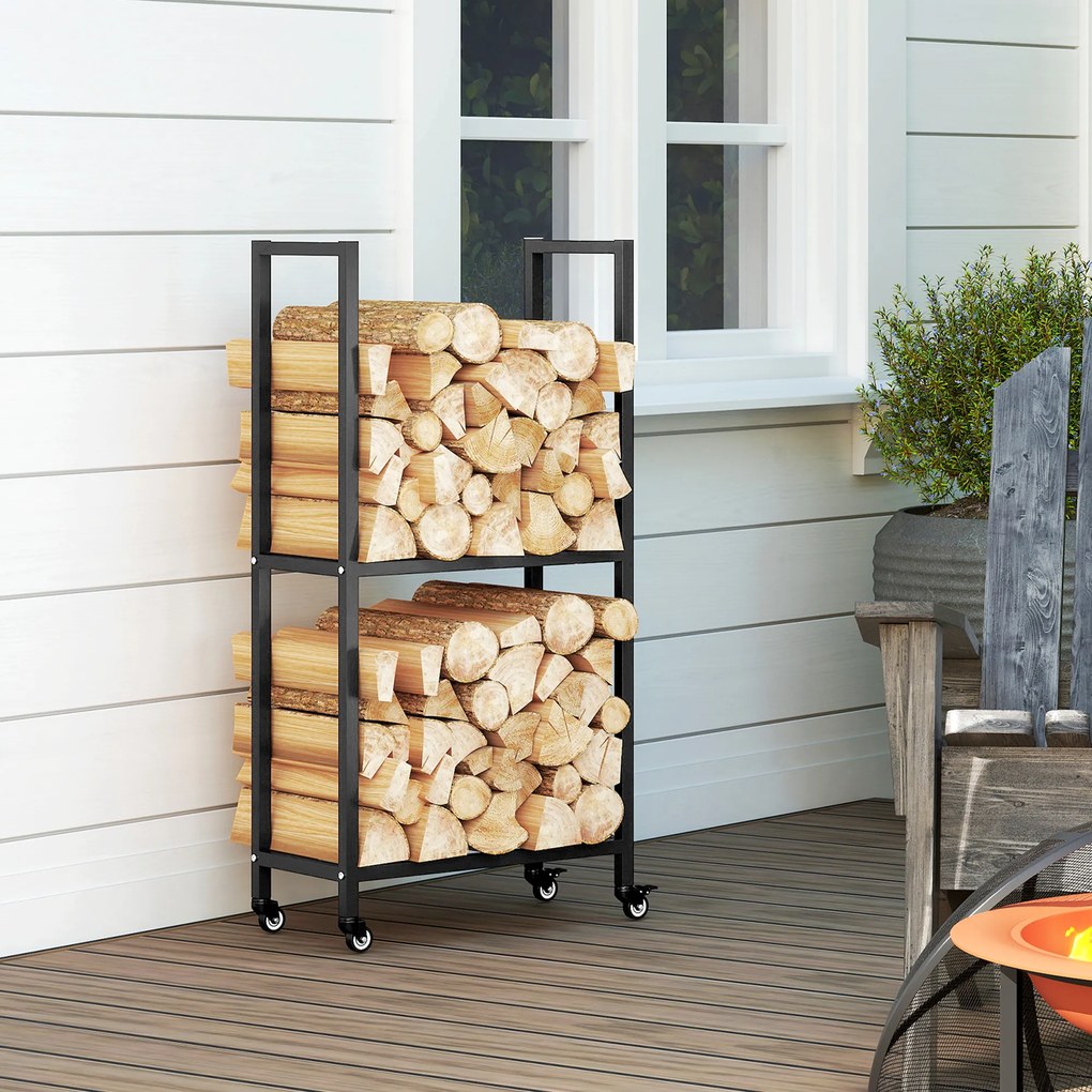 Outsunny Regał na drewno kominkowe do wnętrz Stal 60 x 30 x 119cm 2 poziomy z kółkami Czarny