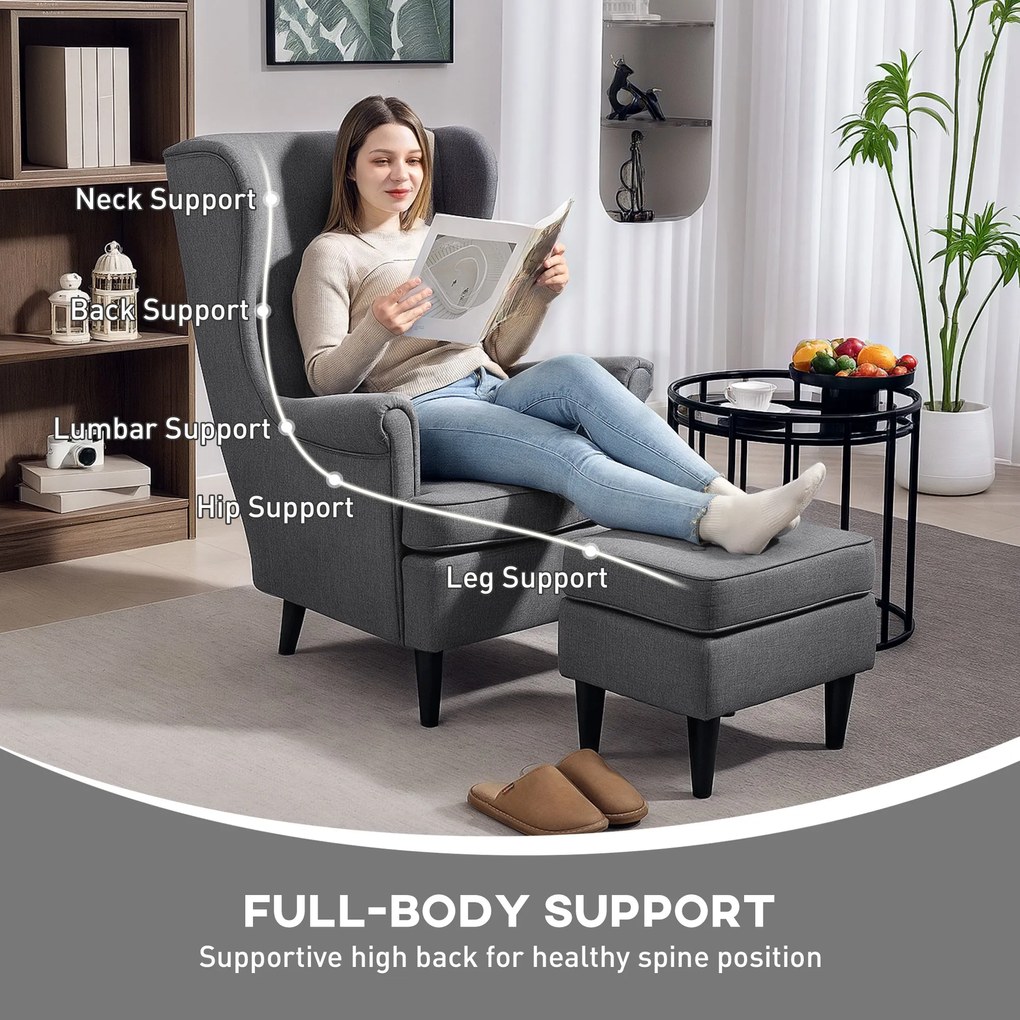 HOMCOM Fotel z podnóżkiem, z nogami z drewna kauczukowego, pokrycie materiałowe, szary