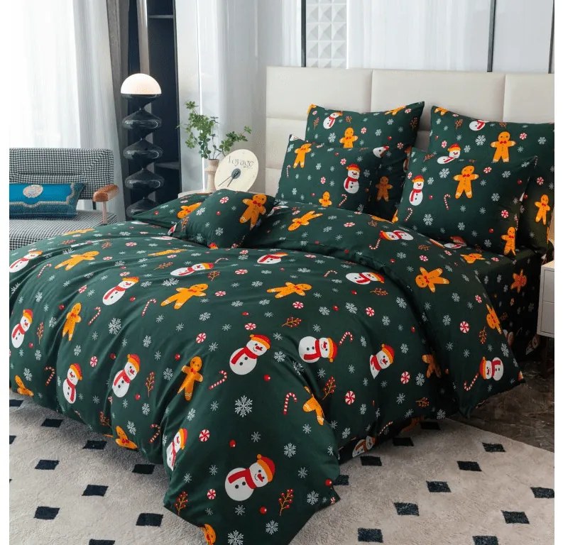 PrzytulneMieszkanie.pl PrzytulneMieszkanie.pl Prześcieradła z mikrofibry SNOWMAN AND GINGERBREAD w kolorze zielonym Rozmiar pościeli: 70 x 90 cm | 140 x 220 cm