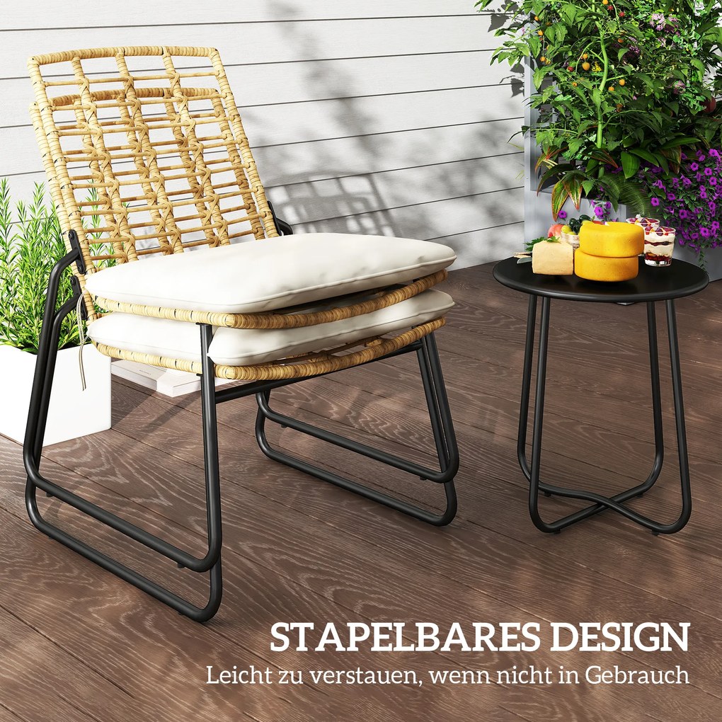 Outsunny 3-częściowy Zestaw Mebli Ogrodowych, 2 Krzesła Rattanowe, 1 Stół z Metalowym Blatem, Poduszki, Zestaw Bistro, Beżowy &amp; Brązowy