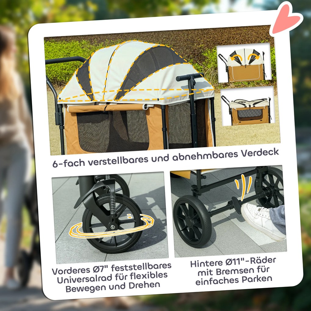 Składany Wózek dla Psów i Kotów PawHut do 30 kg, 110 x 65 x 102 cm, Brązowy