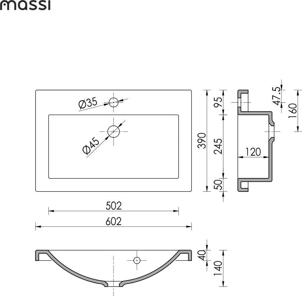 Umywalka wpuszczana w blat z konglomeratu WAVE 60 cm