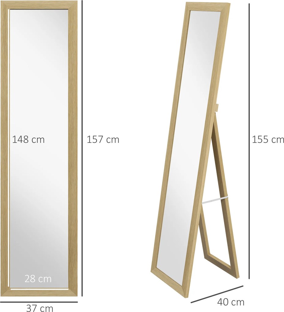 HOMCOM Lustro do pełnego ciała, Lustro ścienna, 37 cm x 40 cm x 155 cm, z hakami do montażu, Srebrne + Dąb