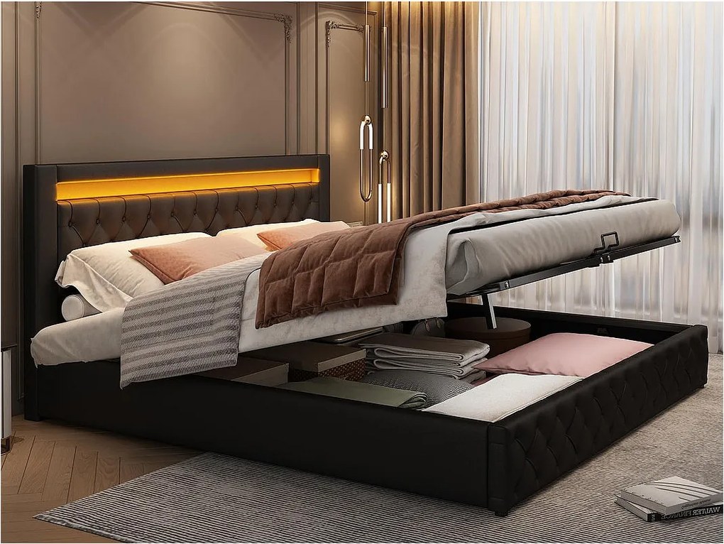 Łóżko z tapicerowanym zagłówkiem z ekoskóry z LED - 140x200cm - z stelażem na listwach - Czarny