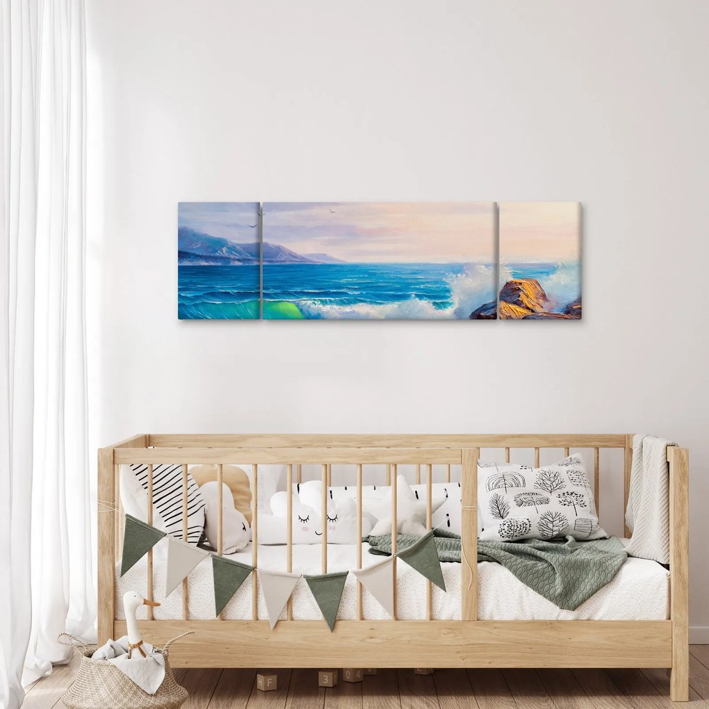 Obraz fal uderzających w klify, obraz olejny (170x50 cm)
