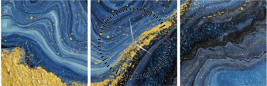 Obraz - Niebiesko-złota abstrakcja (z zegarem) (90x30 cm)