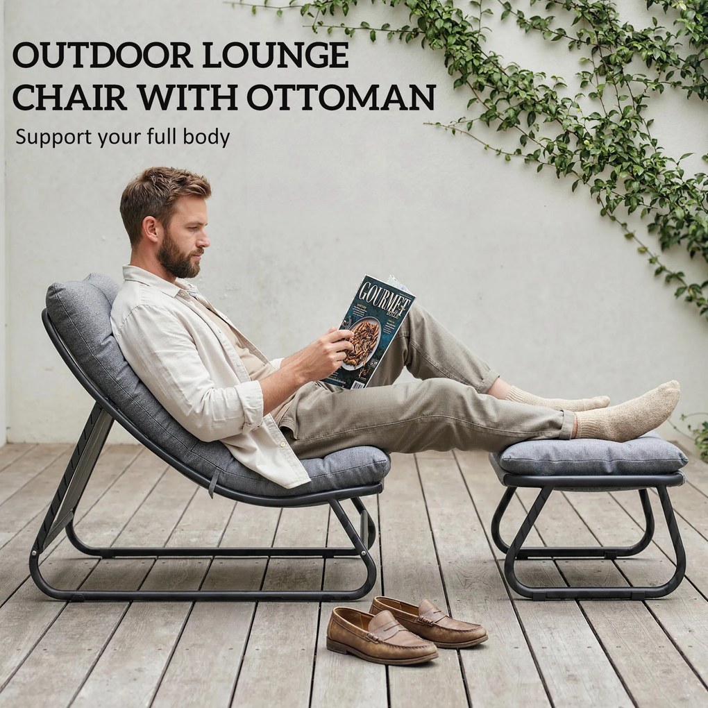 Outsunny Fotel wypoczynkowy zewnętrzny z podnóżkiem, poduszka 13 cm, antypoślizgowe nóżki, ciemnoszary | Aosom PL