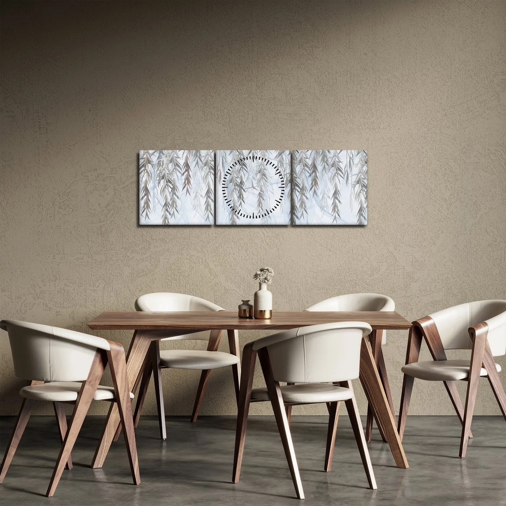 Obraz - Gałązki wierzby na niebieskim tle (z zegarem) (90x30 cm)