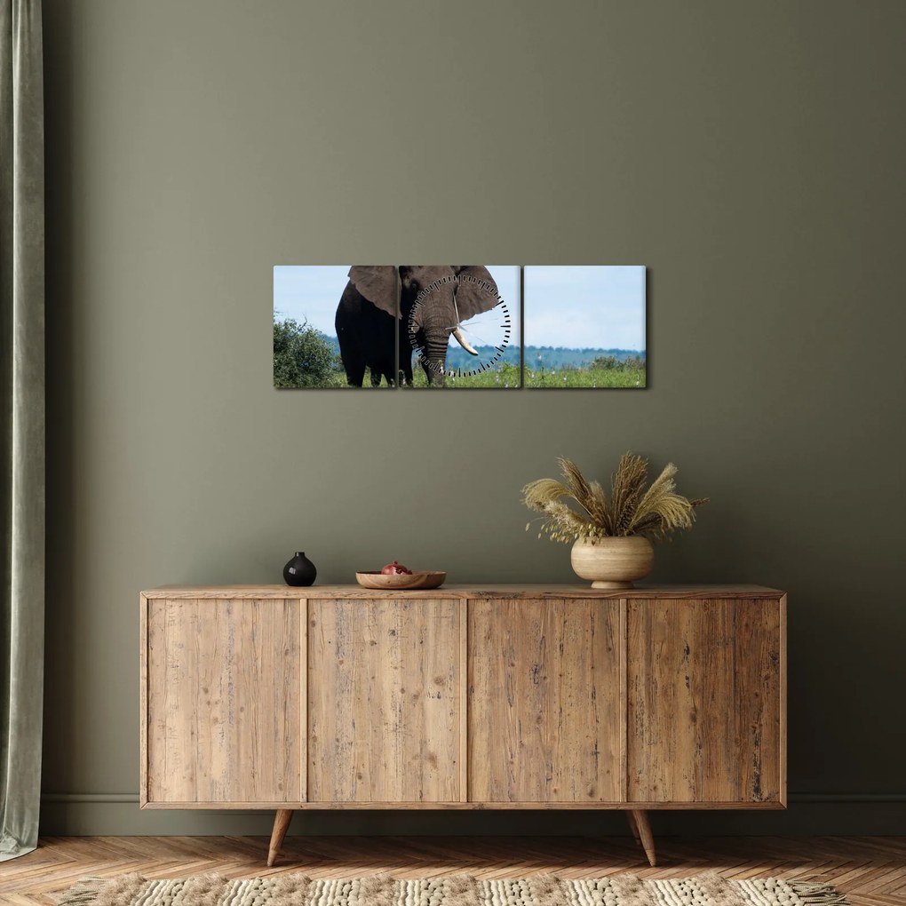 Obraz słonia (z zegarem) (90x30 cm)