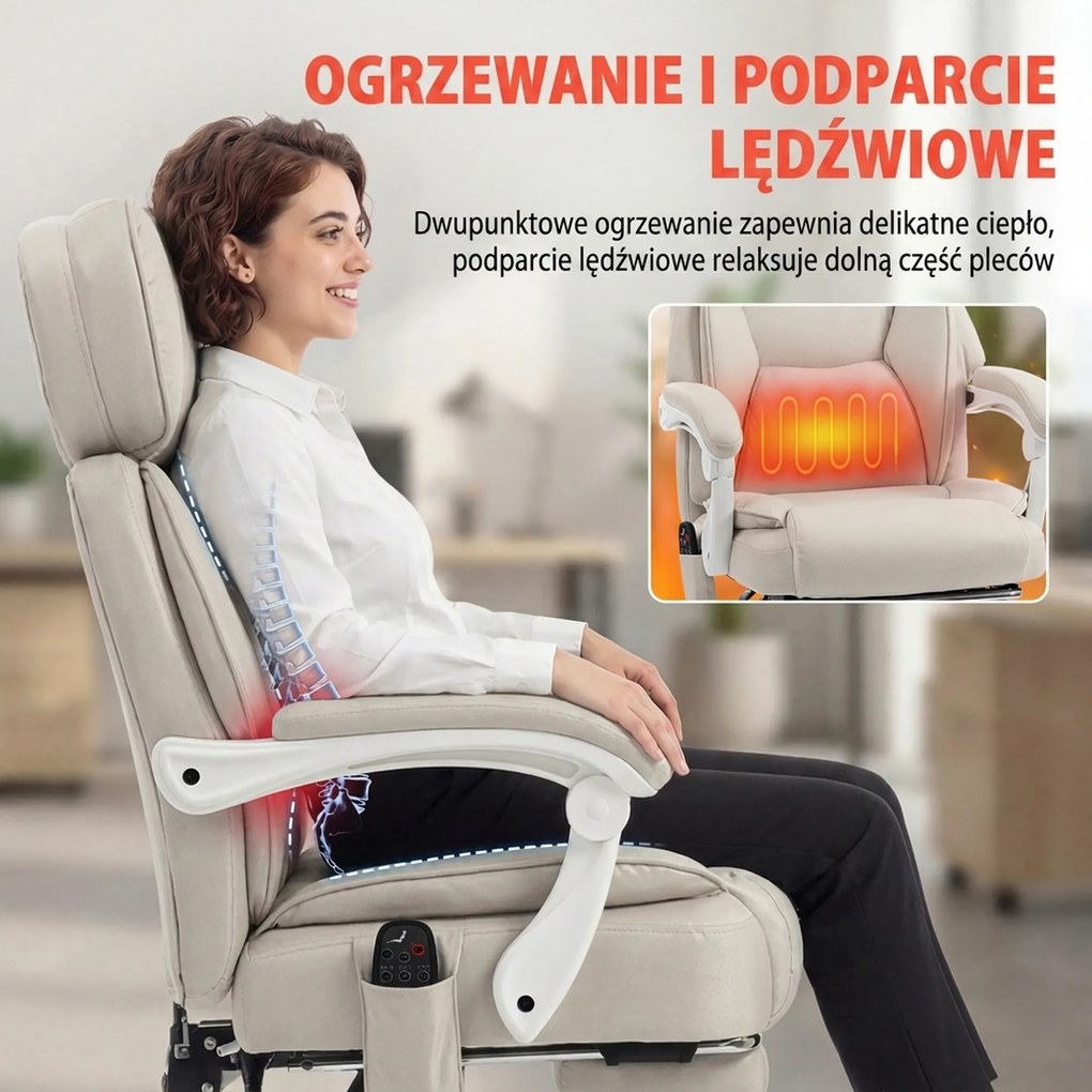 HOMCOM Wysokie krzesło biurowe z masażem wibracyjnym i podgrzewaniem, ergonomiczne, regulowane, z podnóżkiem, kremowobiały | Aosom PL