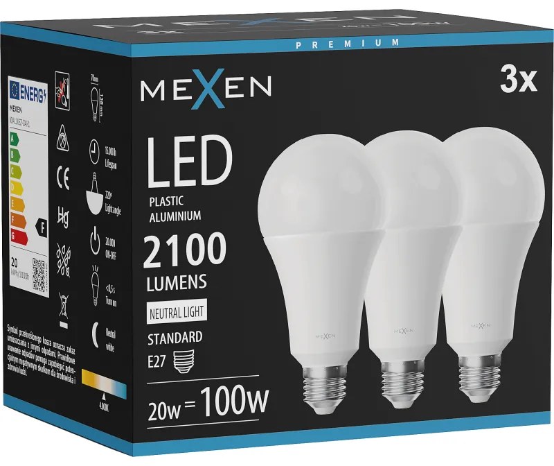 Mexen Nova 3x żarówka LED E27, A70, 20W, Neutralna - 4000K, 2100 lm - L100-E27-2040-01x03