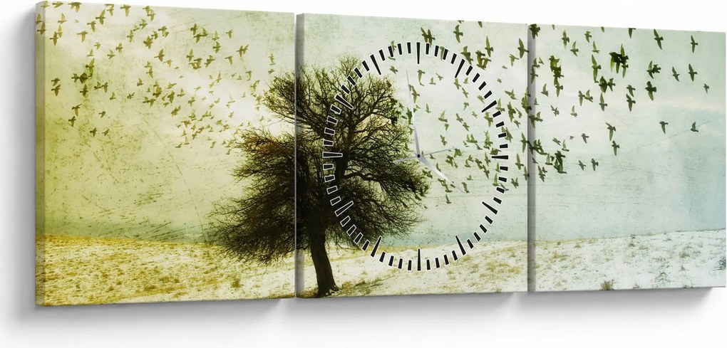 Obraz - Malowane stado ptaków (z zegarem) (90x30 cm)