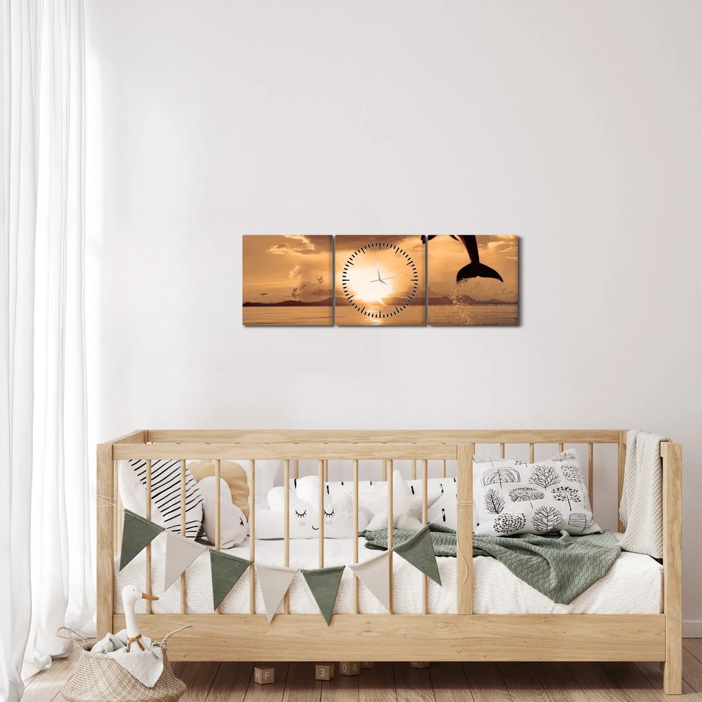Obraz - Delfin o zachodzie słońca (z zegarem) (90x30 cm)