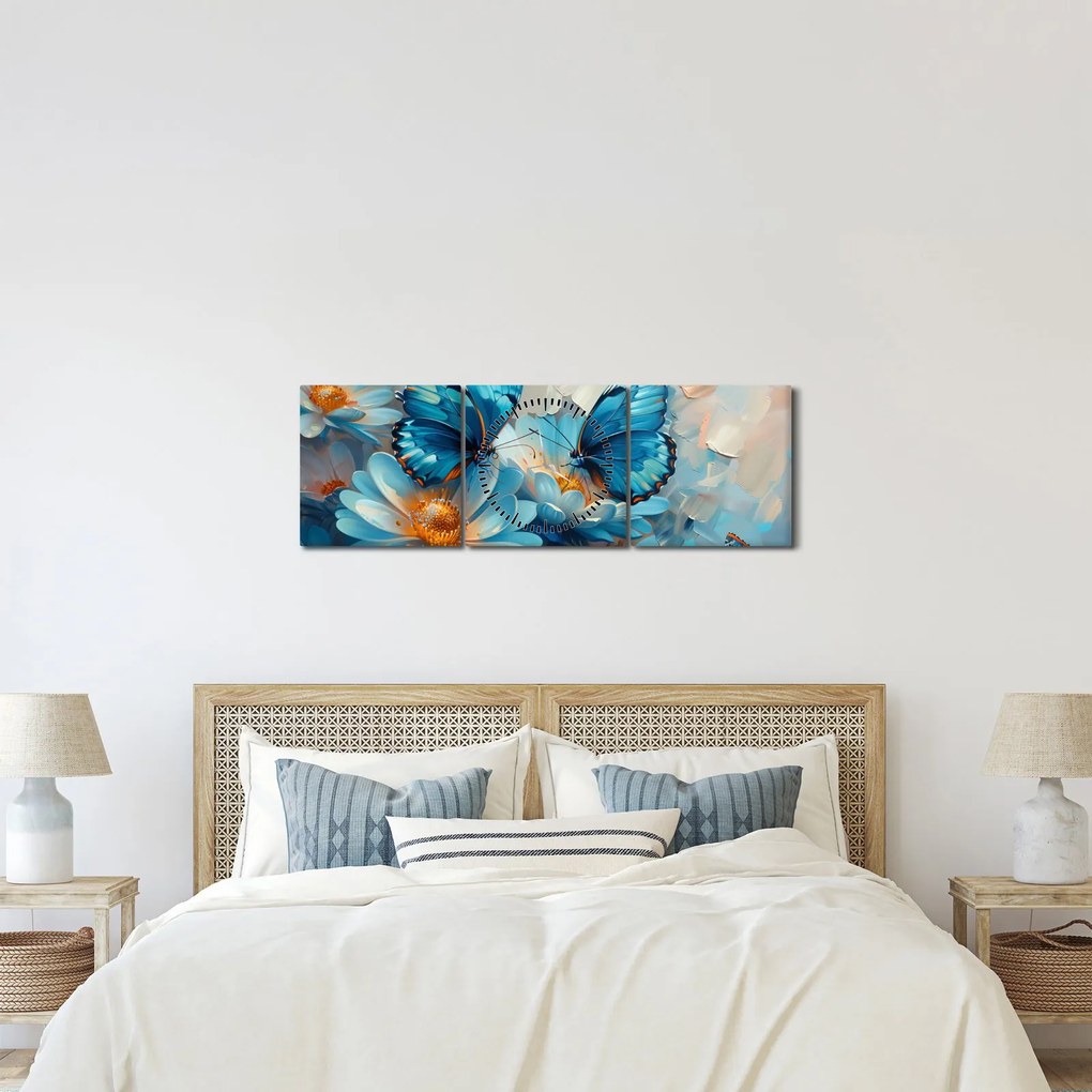 Obraz - Niebieskie motyle (z zegarem) (90x30 cm)