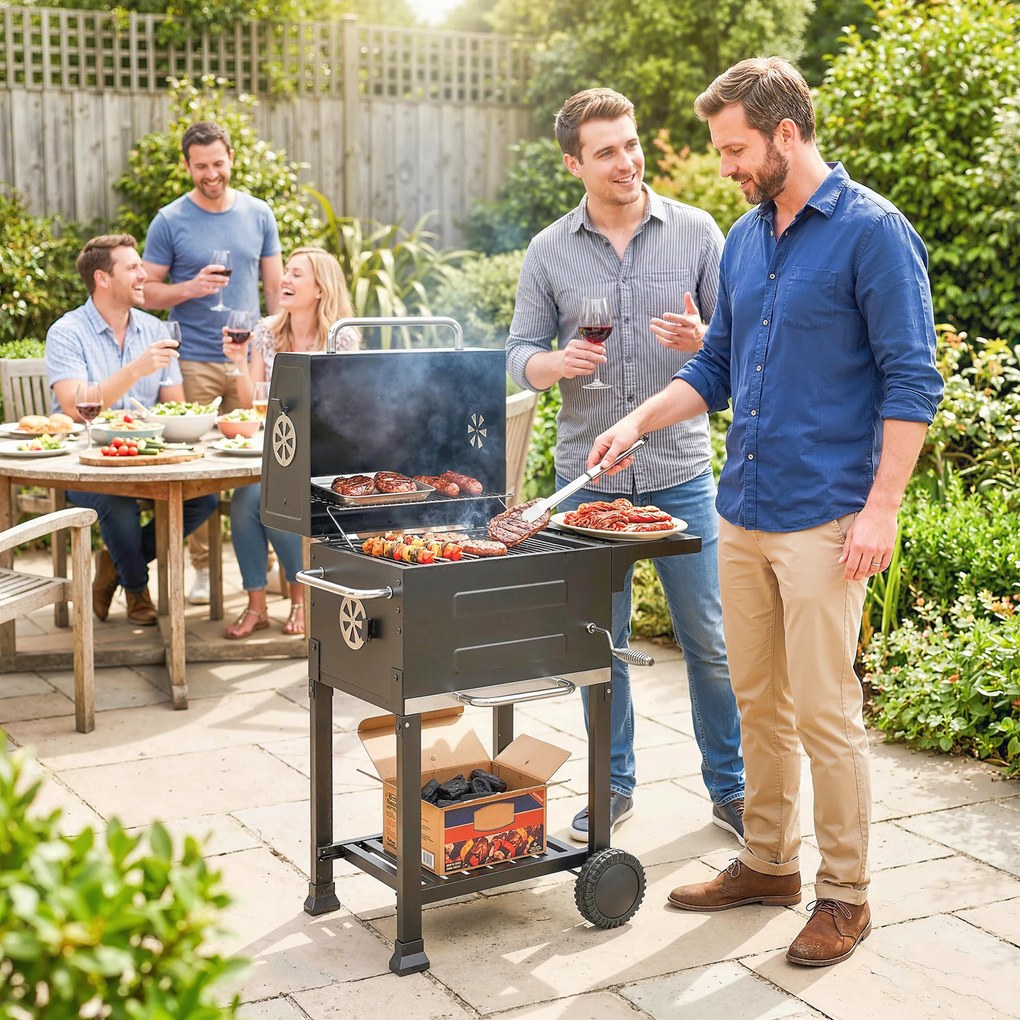 Outsunny Kompaktowy grill węglowy z pokrywą, termometrem, składanym bocznym blatem, szufladą na popiół i otworami wentylacyjnymi | Aosom PL