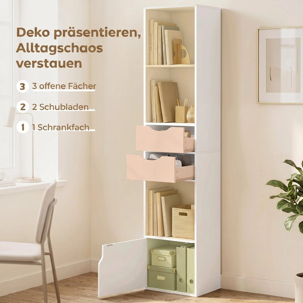 HOMCOM Regał na książki z 2 szufladami, wąska szafka z 3 otwartymi półkami, do biura, sypialni 30x24x158cm Biały | Aosom PL