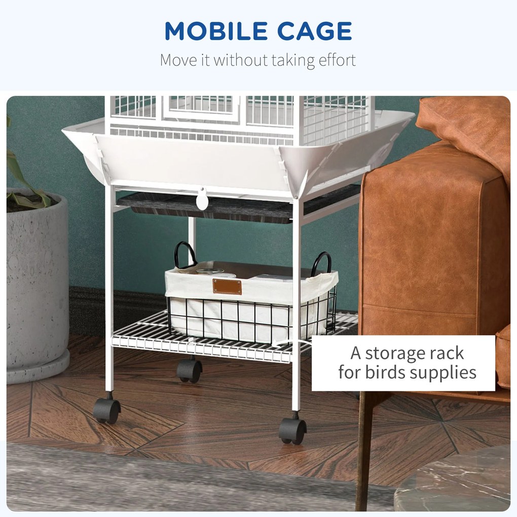 PawHut Klatka dla ptaków, klatka dla papug z 3 drzwiami, 2 żerdziami, kółkami 360°, miską na karmę, półką, wyjmowaną tacą, 62,5x62,5x156 cm, biały | Aosom PL