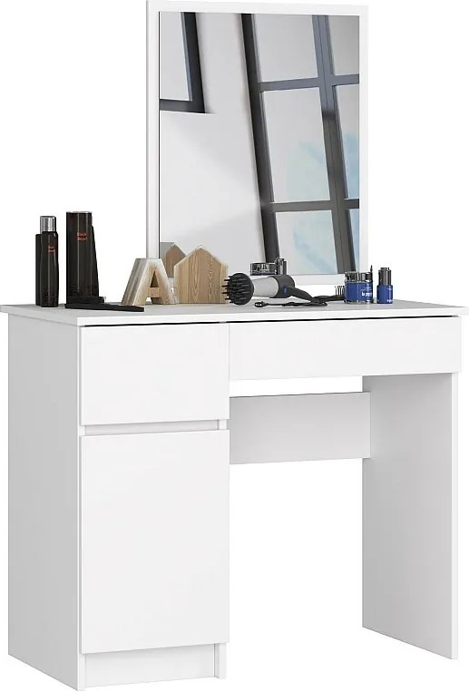 Toaletka AKORD P2 Biała 90 cm z lustrem 500x600 lewa 1 drzwi 2 szuflady kolor Biały mat 2 półki 90x50x142 cm