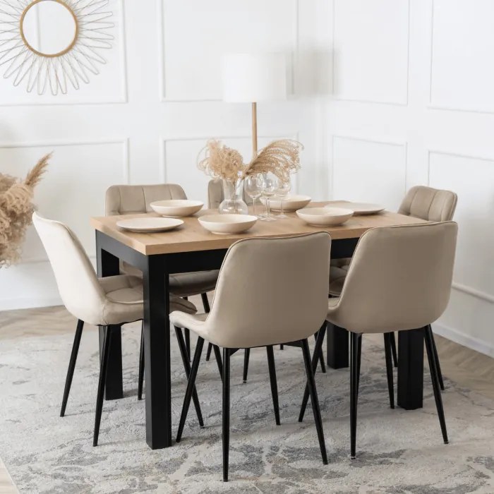 Zestaw Stół Rozkładany SKUBI 120-160 cm Dąb Craft/Czarny i 6 Krzeseł Tapicerowanych CHRIS Beżowych Nowoczesnych