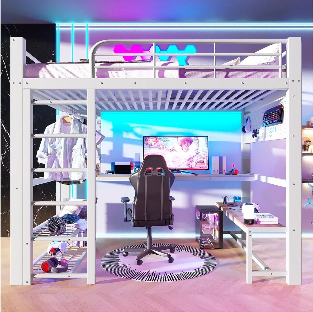 Łóżko piętrowe metalowe dla dzieci - 140 x 200 cm - z oświetleniem LED + półki + biurko + suszarka na ubrania - białe