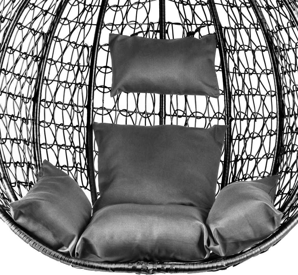 Czarne wiszące krzesło KOKON ze stojakiem, szara poduszka
