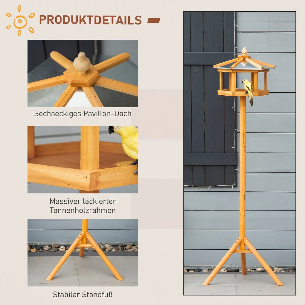 PawHut Domek dla ptaków ze stojakiem Drewniany karmnik z platformą skośny metalowy dach Ø57,7 x 153H cm Naturalne drewno | Aosom PL
