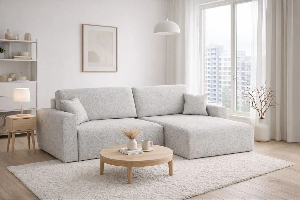 Narożnik z funkcją spania i pojemnikiem Ariel XL, tkanina szenilowa Artico, Cement, Prawy