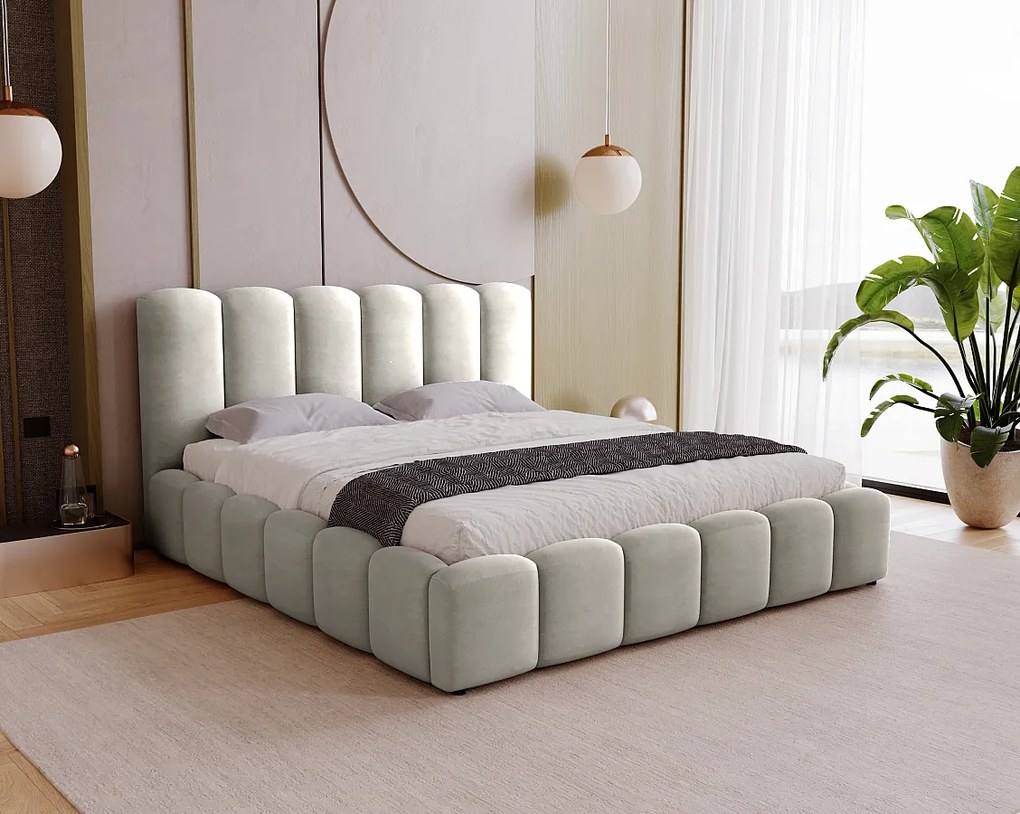 BESILIO Miękkie łóżko tapicerowane 200x200 Julien - łóżko z pojemnikiem, obłe łóżko, gęste pionowe pasy - Jasnoszary