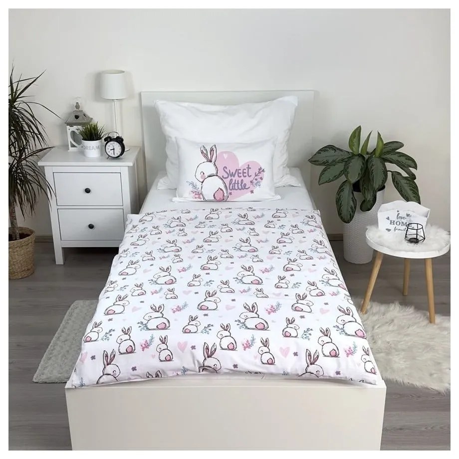 Biała/różowa bawełniana pościel dziecięca do łóżeczka 100x135 cm Bunny "Sweet" – Jerry Fabrics