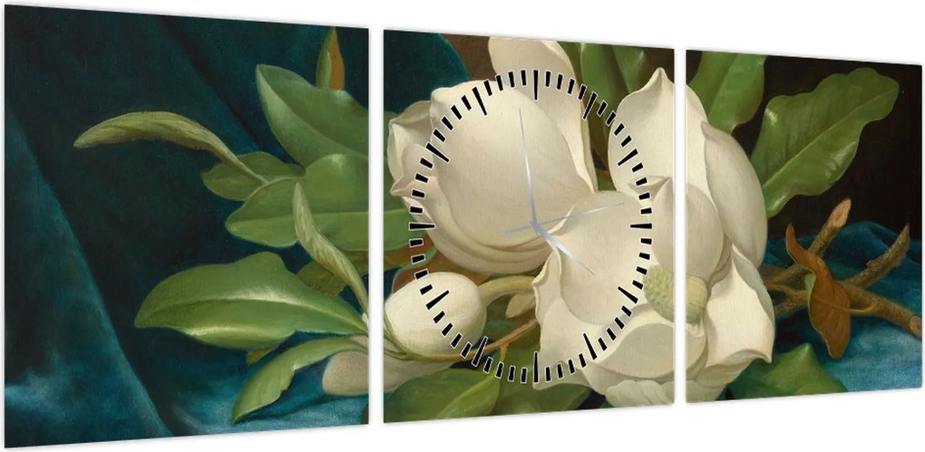 Obraz - Martin Johnson Heade, Giant Magnolias on a Blue Velvet Cloth, reprodukcje (z zegarem) (90x30 cm)