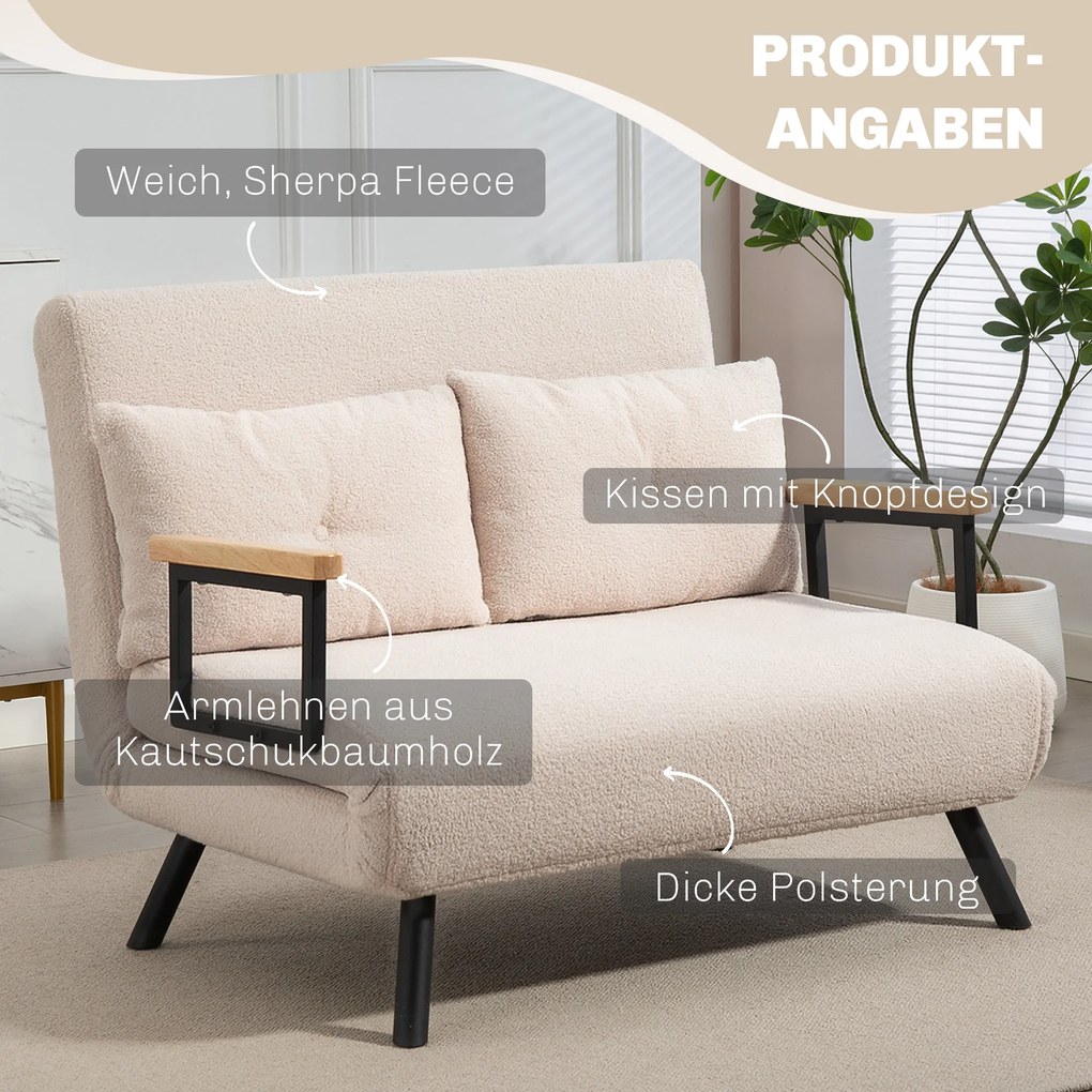 HOMCOM Sofa rozkładana 2-osobowa, sofa welurowa, funkcja spania, w zestawie 2 poduszki, wygląd weluru, Naturalny + Beżowy + Czarny | Aosom PL