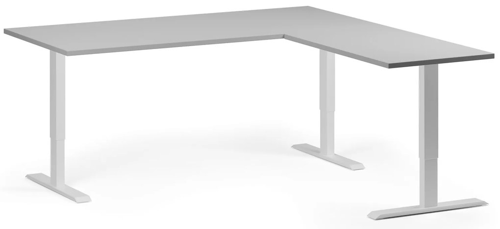 Narożne biurko z regulacją wysokości, 180x180 cm, 3 silniki, L/P, biała podstawa, szary