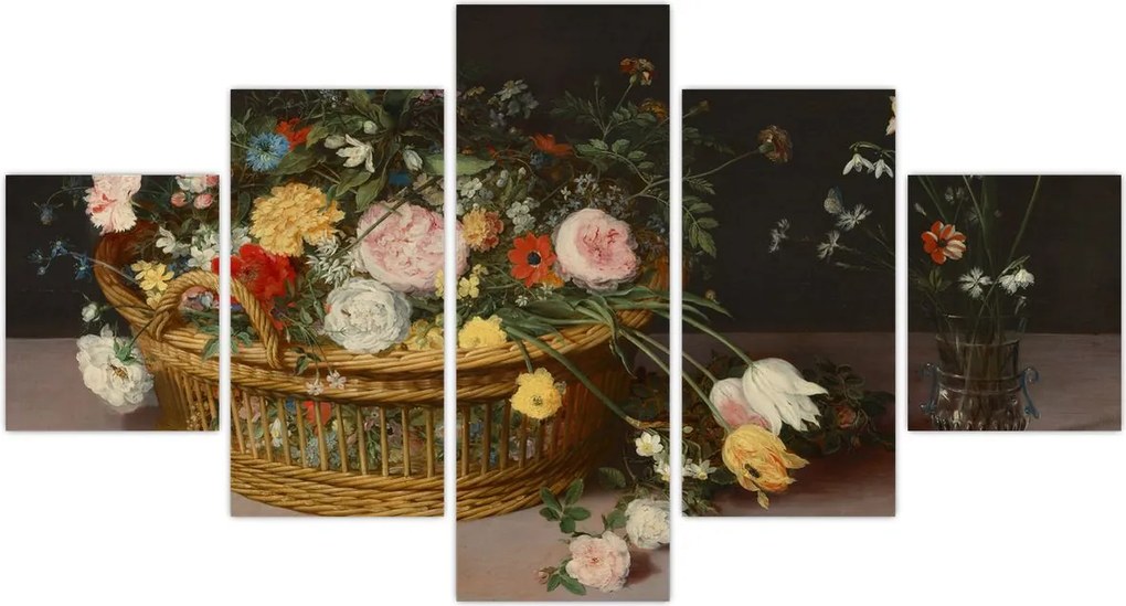 Obraz - Jan Brueghel the Elder, Flowers in a Basket and a Vase, reprodukcje (125x70 cm)