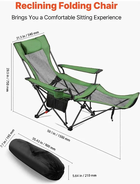 Krzesło Campingowe SucceBuy Składane, 4 Regulowane Pozycje, Przenośne Regulowane Leżako dla Dorosłych, z Podnóżkiem, Podparcie Głowy, Tkanina Siateczkowa, Zielony